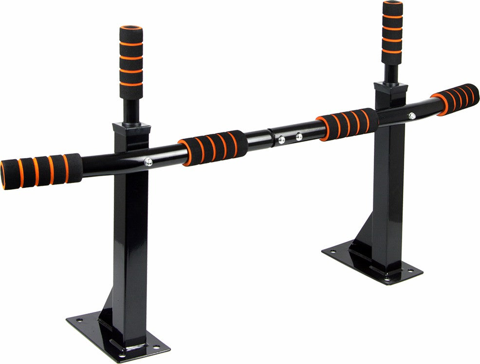 Heavy duty stainless steel wall mounted pull up bar with black and red padded grips