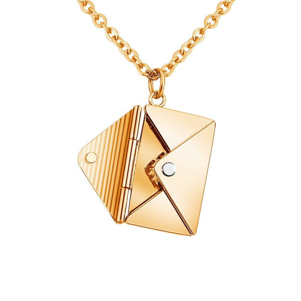 Elegant envelope locket necklace with adjustable chain, a personalized love letter keepsake in polished gold.