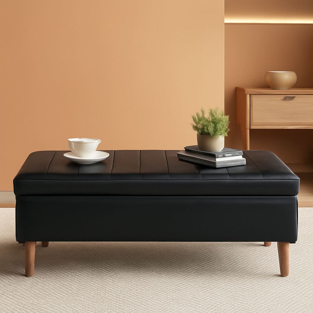 Black 44.5-inch PU leather storage ottoman with solid wood legs and open lid showing interior.