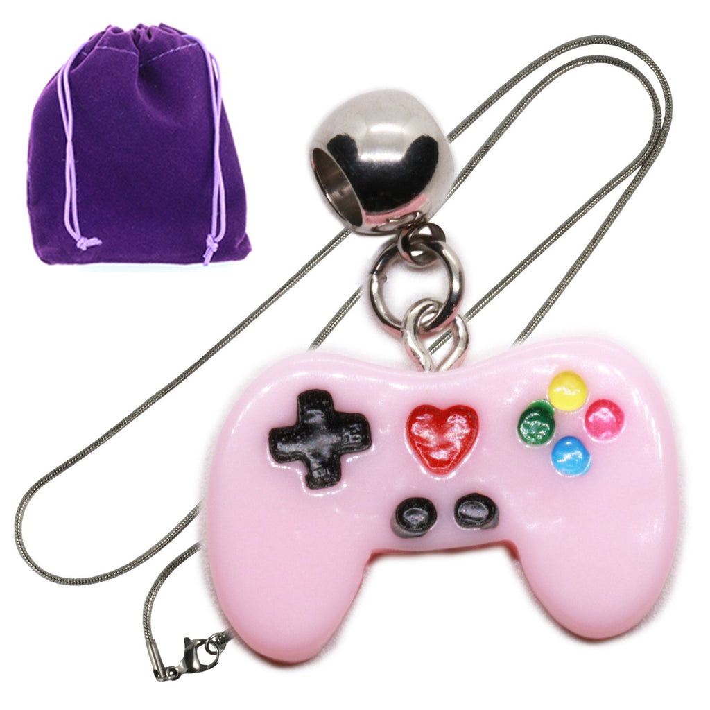 Pink game controller pendant necklace with colorful buttons on silver chain with purple gift pouch