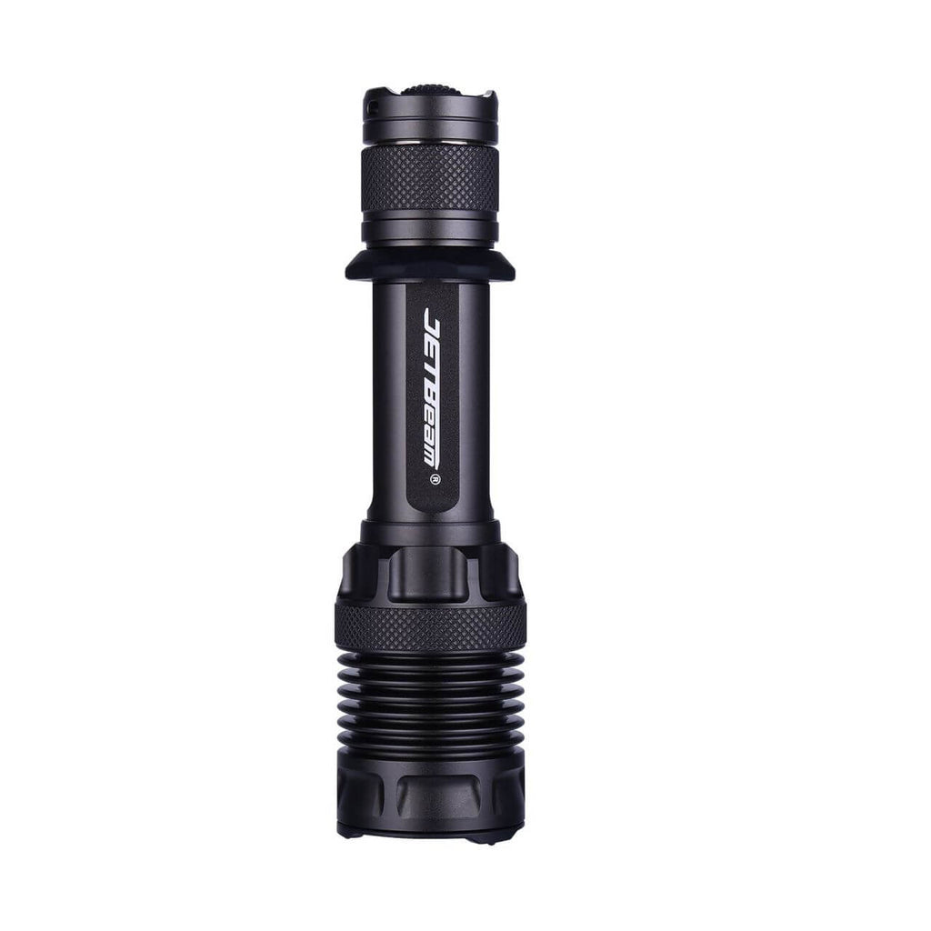 Black tactical flashlight with rugged waterproof body and textured grip for outdoor use