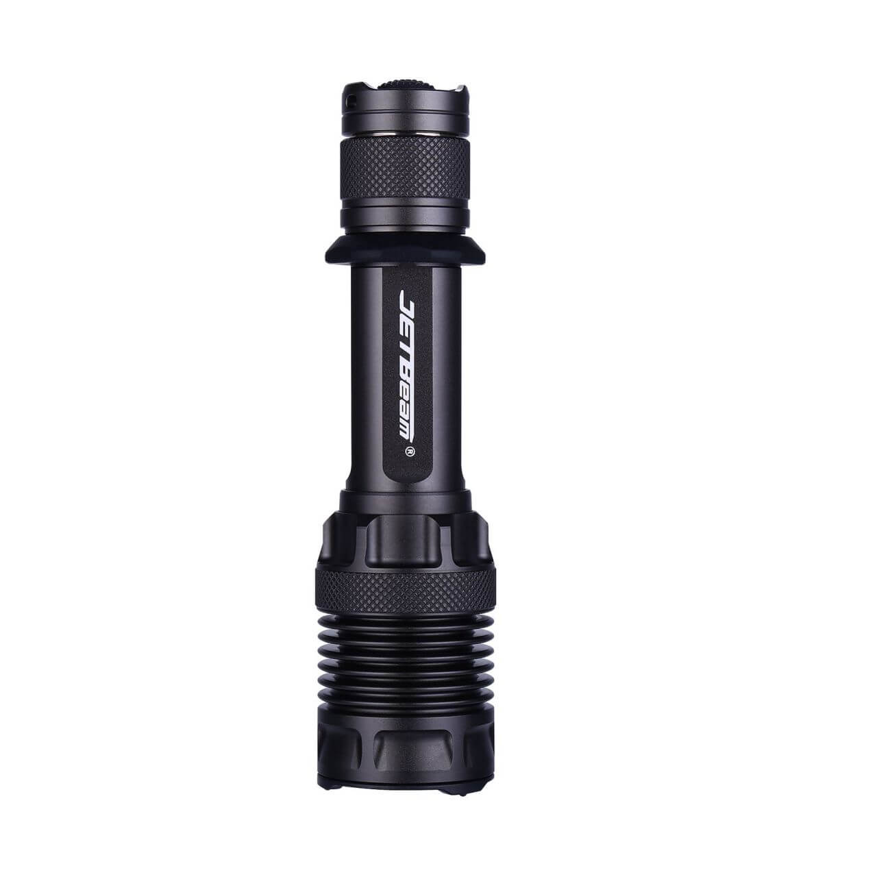 Black tactical flashlight with rugged waterproof body and textured grip for outdoor use
