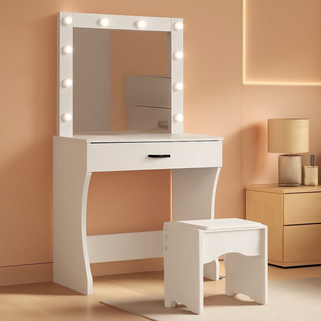 White vanity desk with 12 bright LED mirror bulbs, storage drawer, and matching vanity stool