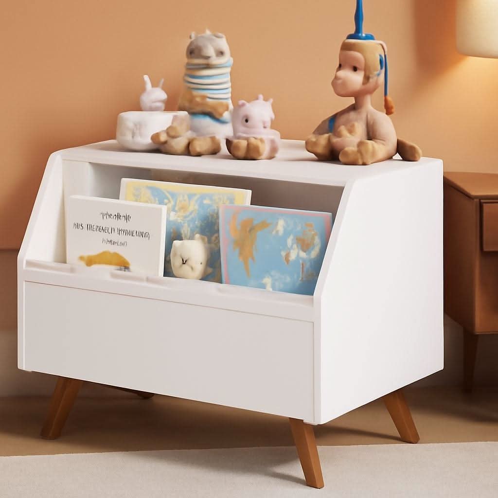 White solid wood toy chest with front-facing book display and slow-closing safety lid.