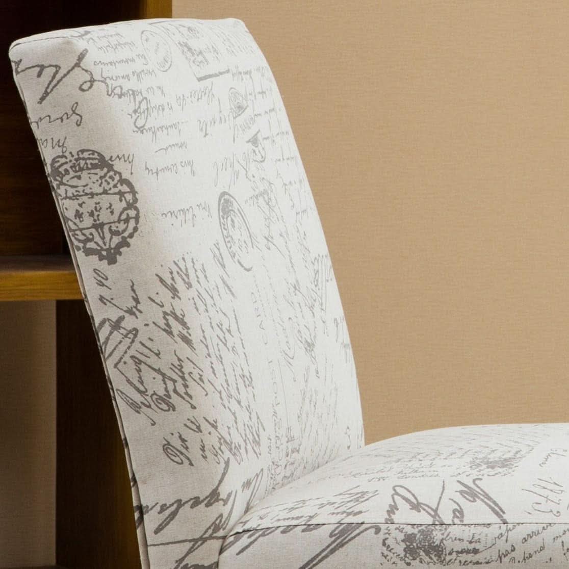 Armless script print accent chair with espresso wooden legs and padded fabric seat — view 4
