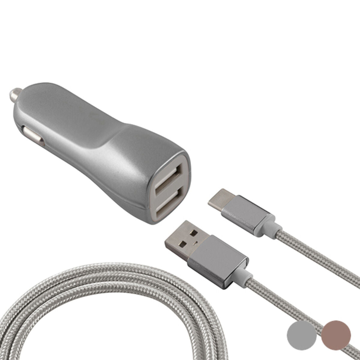Pink and silver KSIX dual USB car charger with micro USB cable