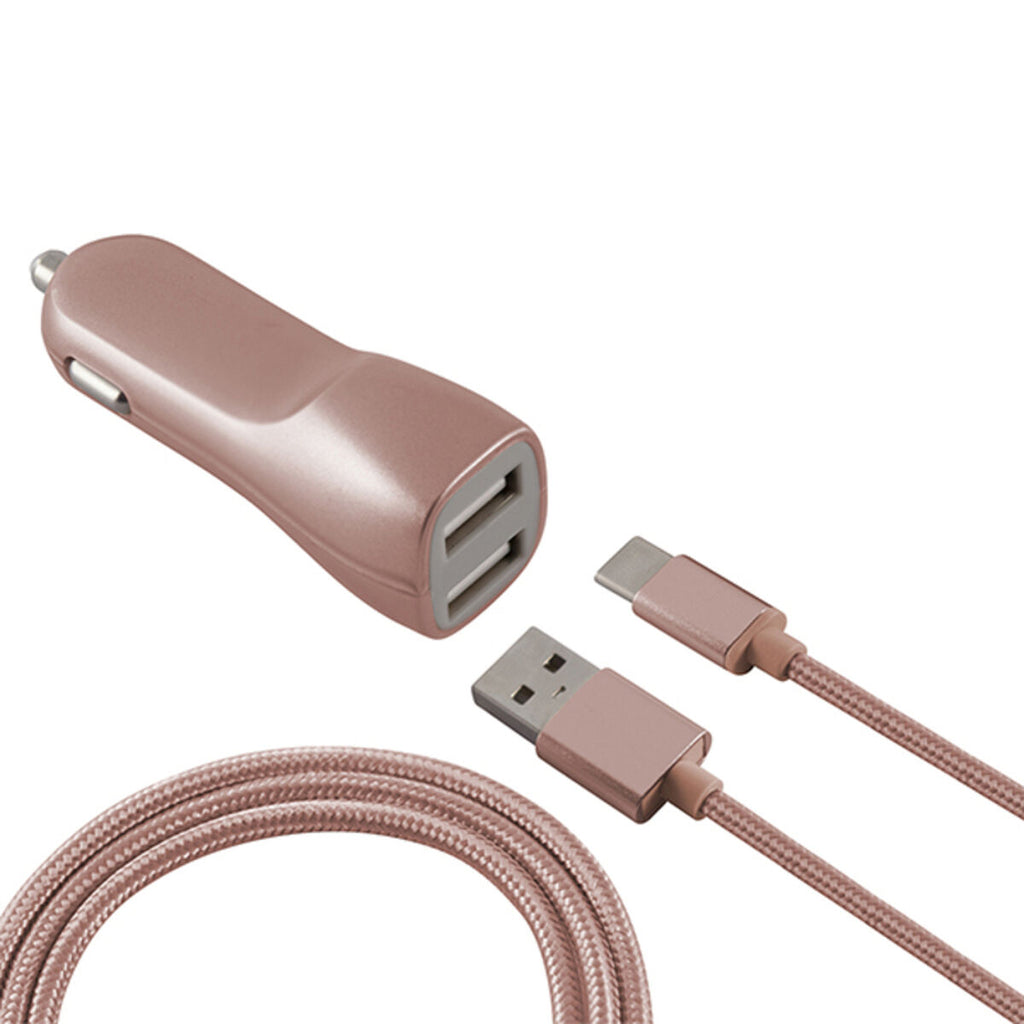 Pink and silver KSIX dual USB car charger with micro USB cable — view 2
