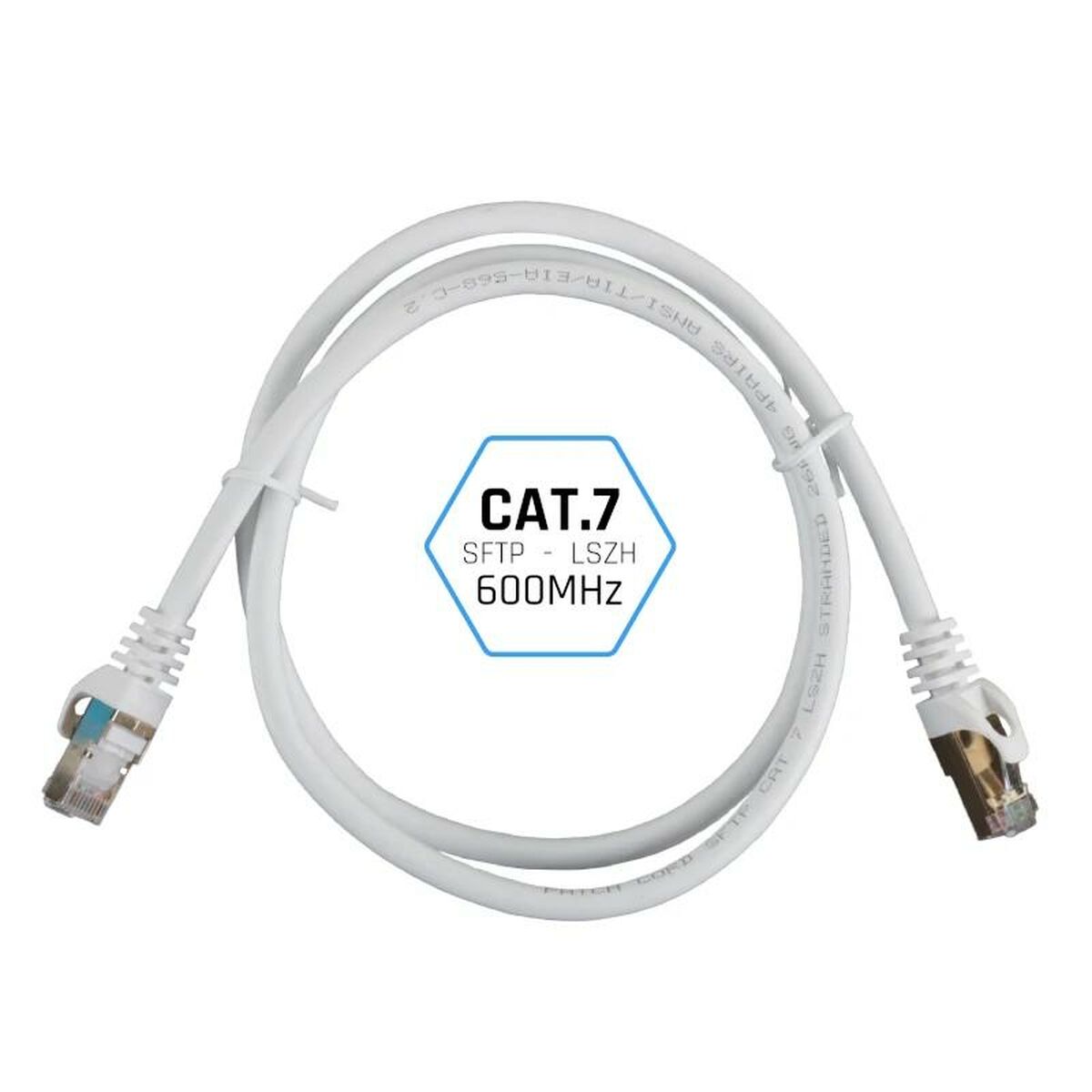 White 10 meter Category 7 rigid network cable with gold-plated RJ45 ethernet connectors. — view 3