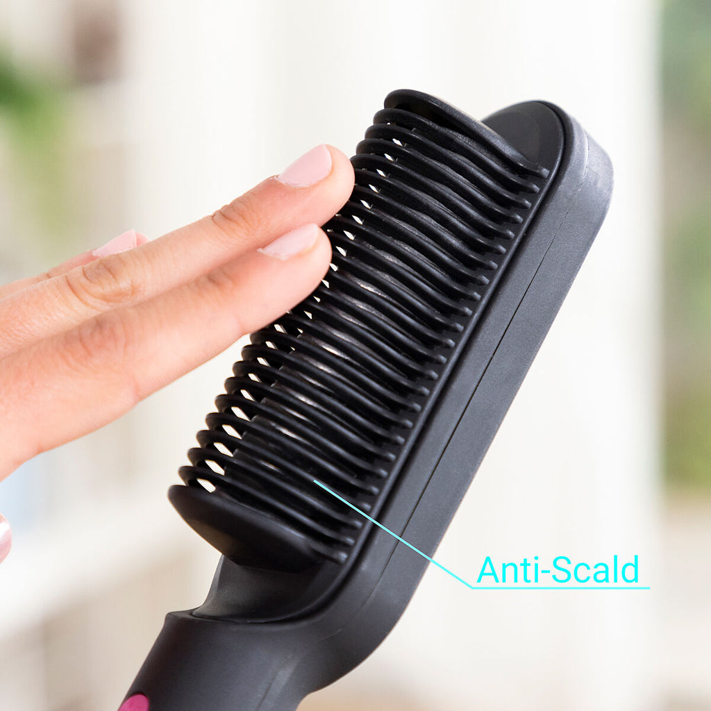 Black and fuchsia ceramic hair straightening brush with adjustable temperature controls and anti burn design — view 10