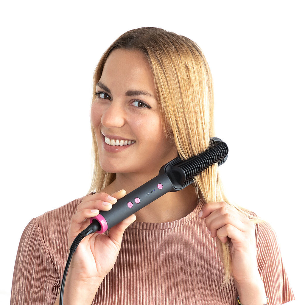 Black and fuchsia ceramic hair straightening brush with adjustable temperature controls and anti burn design — view 5