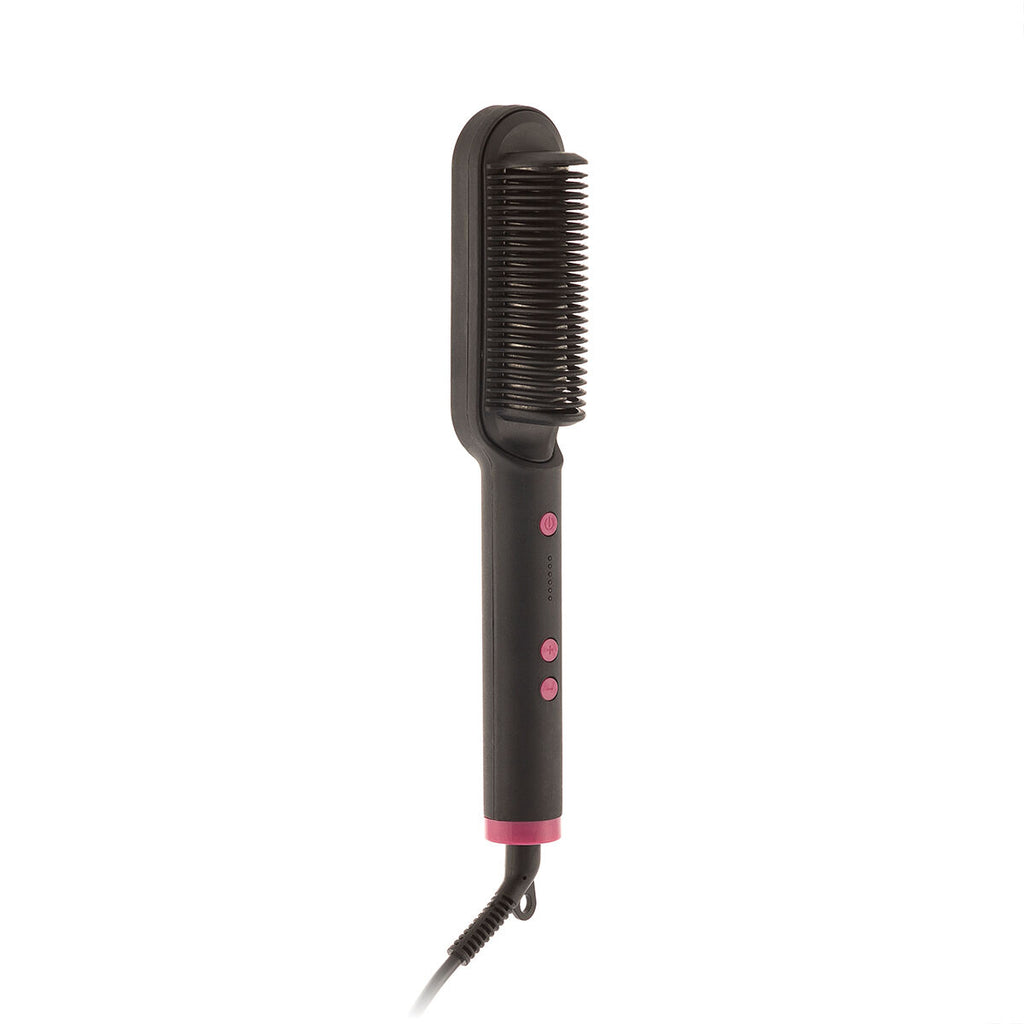 Black and fuchsia ceramic hair straightening brush with adjustable temperature controls and anti burn design — view 4