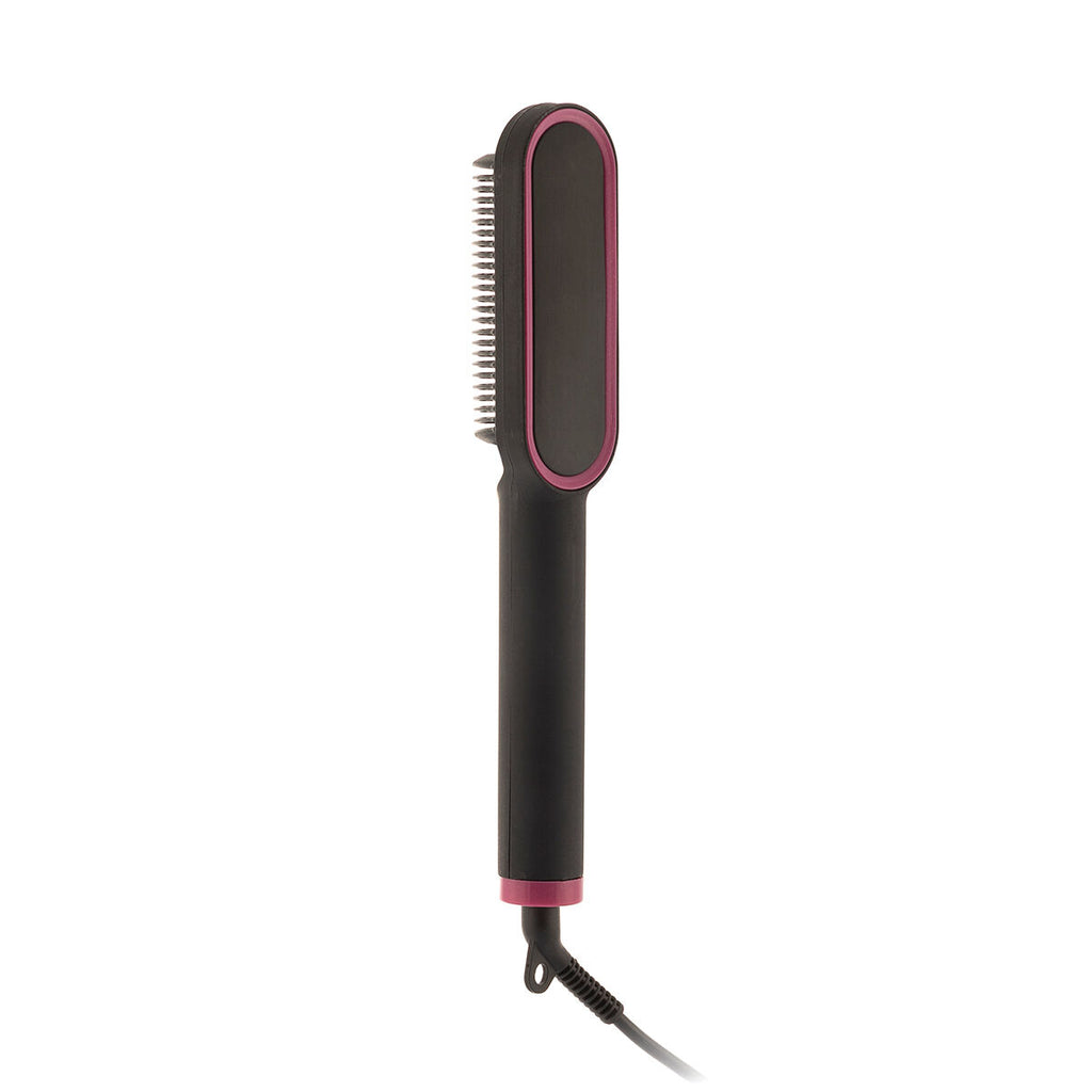Black and fuchsia ceramic hair straightening brush with adjustable temperature controls and anti burn design — view 3
