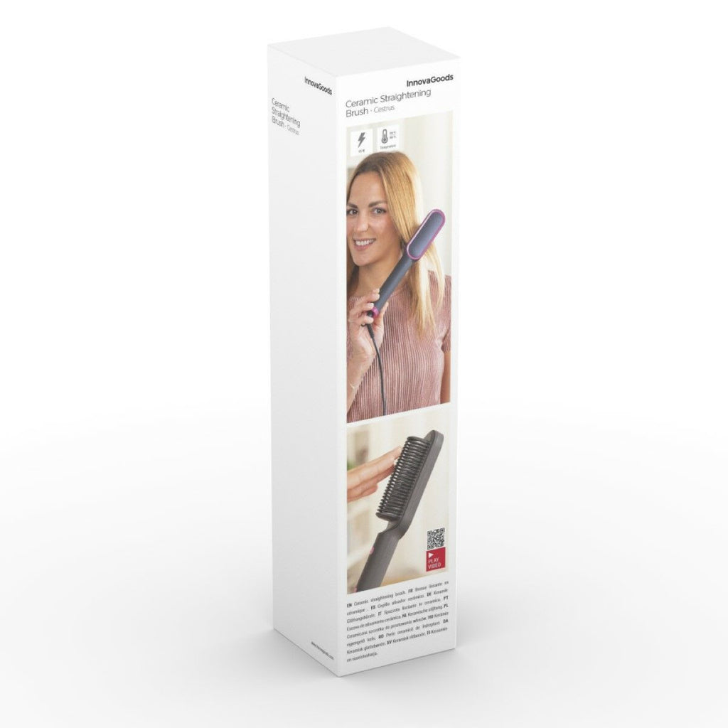 Black and fuchsia ceramic hair straightening brush with adjustable temperature controls and anti burn design — view 2