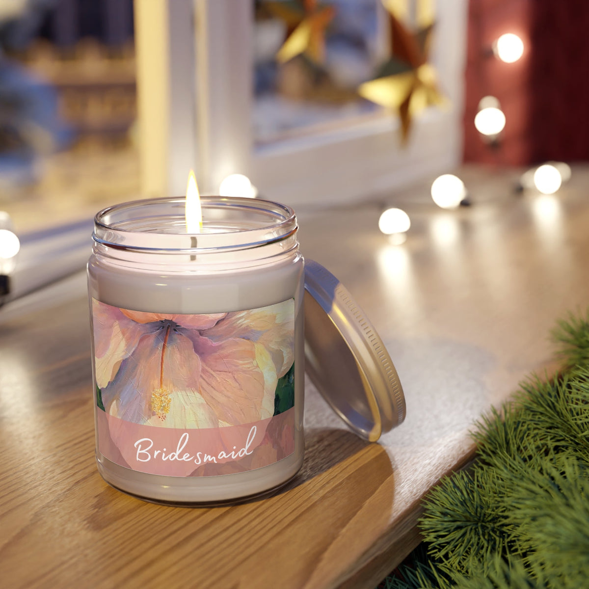 'Bridesmaid' 9oz Eco-Friendly Soy Wax Candle Jar I Bridal Collection with 'Hibiscus' Artwork by American Artist Barbara Cleary-2