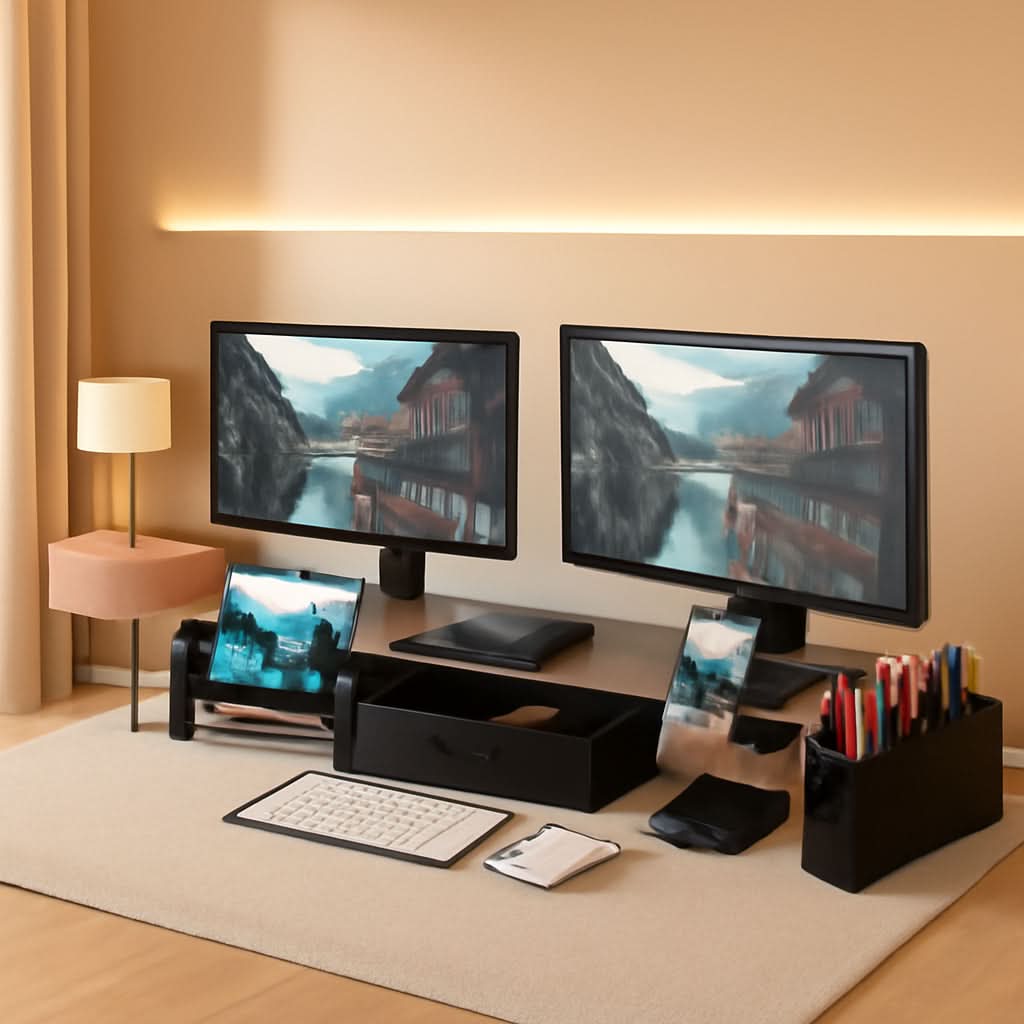 Rustic brown dual monitor stand riser with sliding storage drawer and smartphone holder on desk