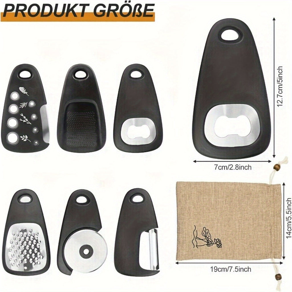 6-piece RV kitchen gadget set in black ABS plastic and stainless steel with storage pouch — view 2