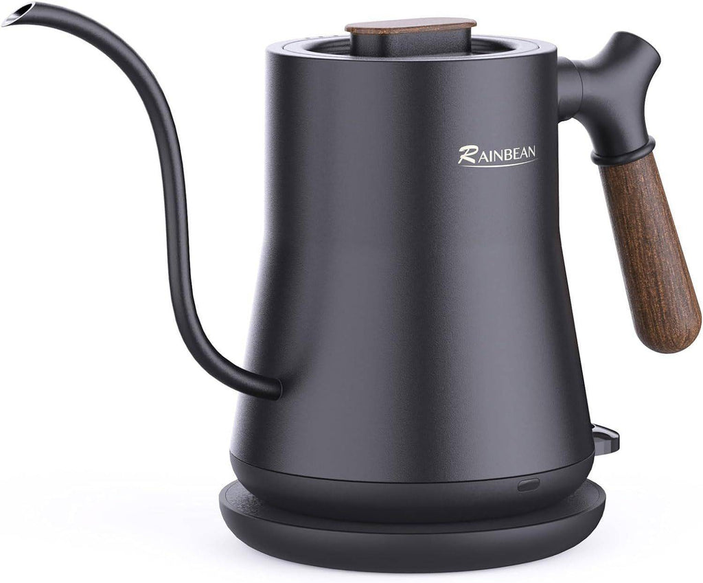Stainless steel electric gooseneck kettle with ergonomic handle and cordless swivel base for pour over coffee
