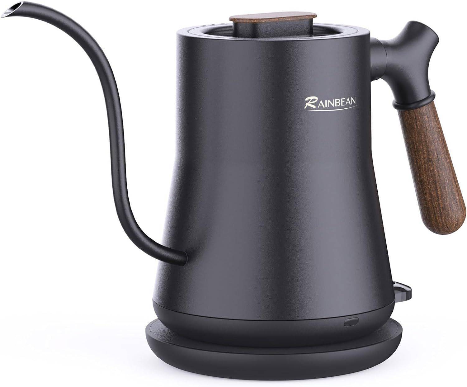 Stainless steel electric gooseneck kettle with ergonomic handle and cordless swivel base for pour over coffee