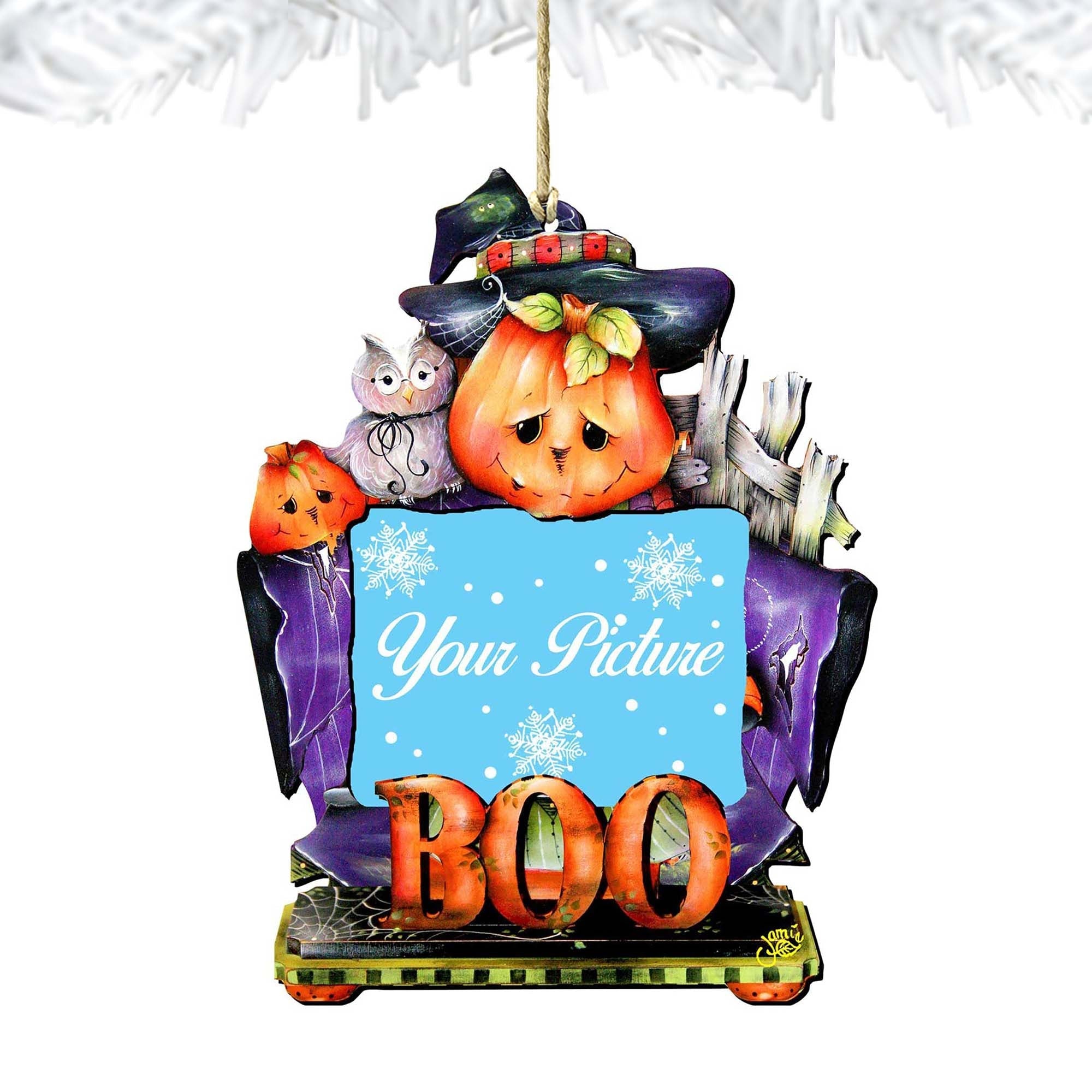 Handcrafted wooden Halloween picture frame ornament featuring spooky artwork for a 4x2 photo — view 4