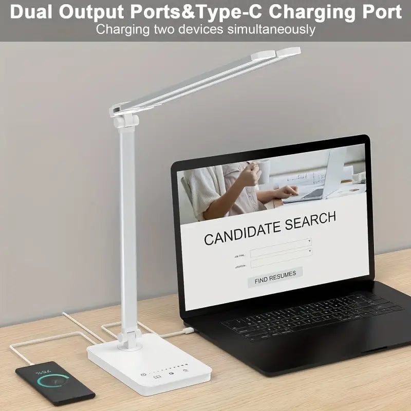 White modern adjustable folding LED desk lamp with double arms and square shade on a desk — view 3