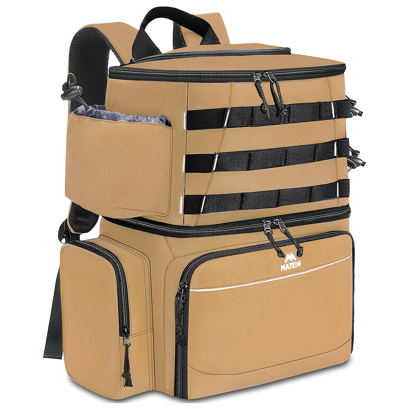 Khaki polyester fishing tackle backpack with integrated rod holders and a built-in cooler compartment.