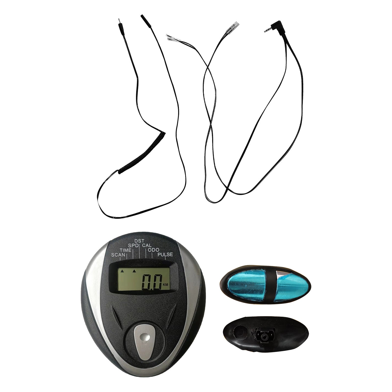 Black plastic replacement exercise bike monitor speedometer with digital display and connection cables. — view 2
