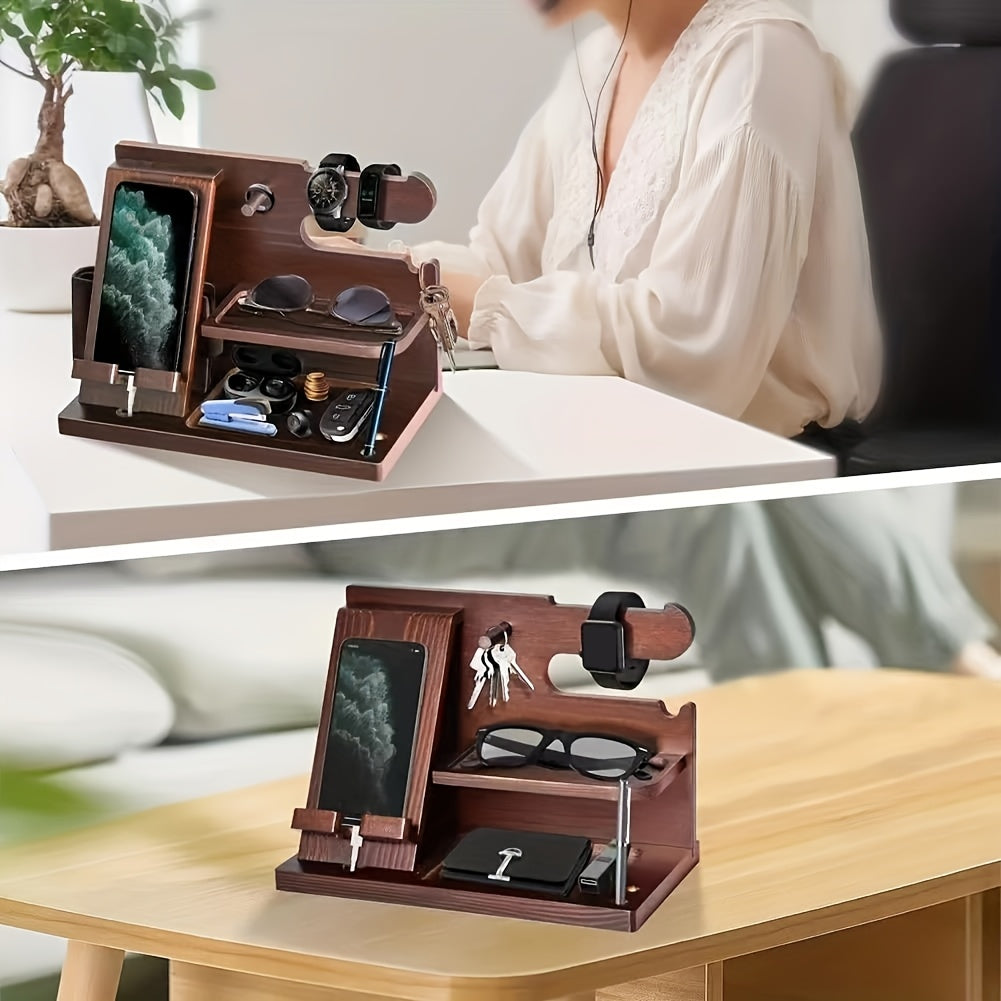 Wooden desk organizer and phone docking station in walnut finish holding watch keys and wallet — view 3