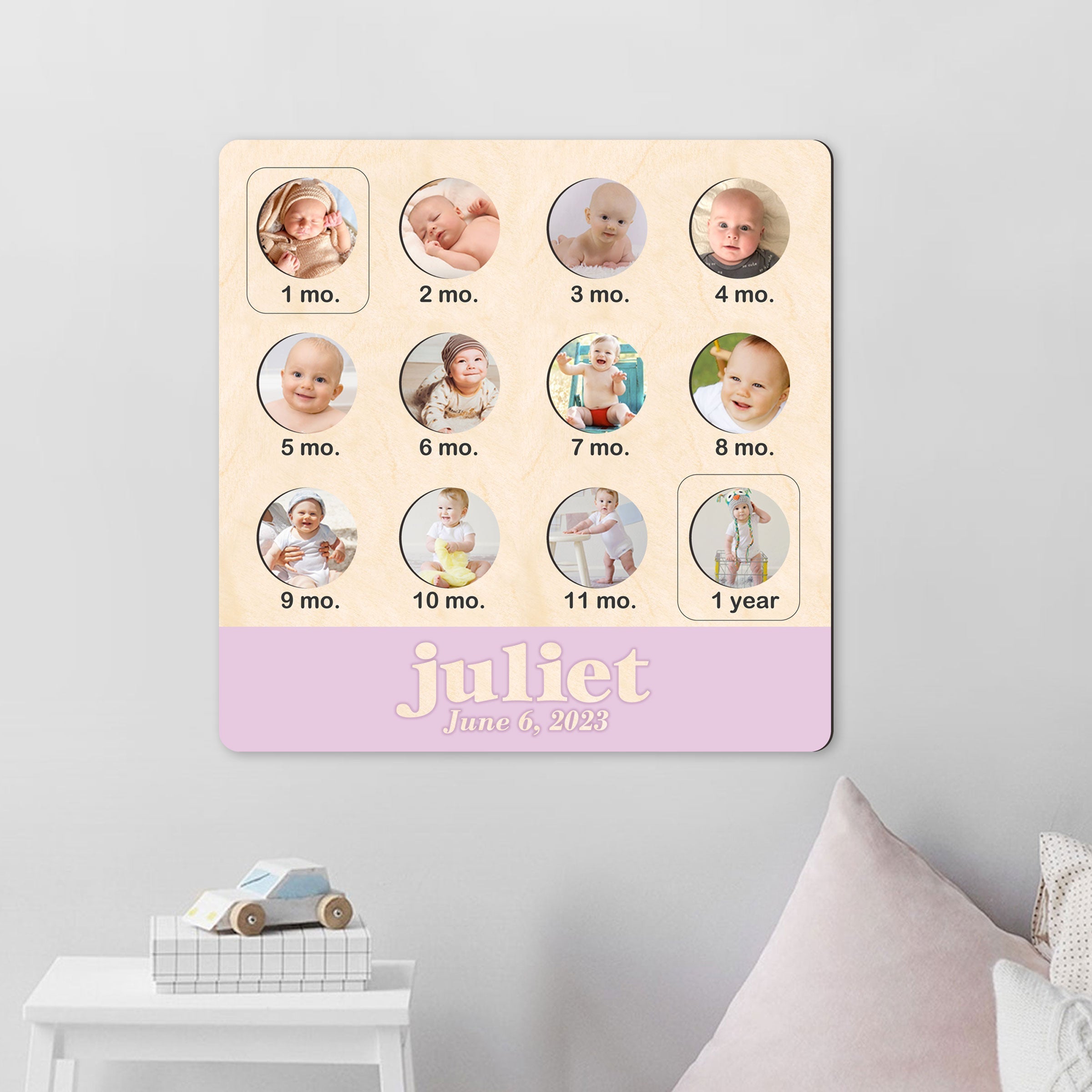 Custom wooden baby first year milestone photo collage board with monthly picture frames and personalized name — view 3