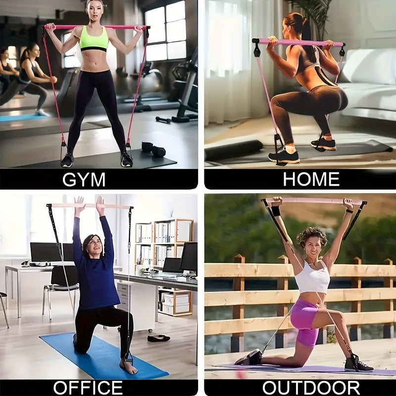 8-piece portable Pilates bar kit with resistance bands and ankle straps in a drawstring carry bag — view 3