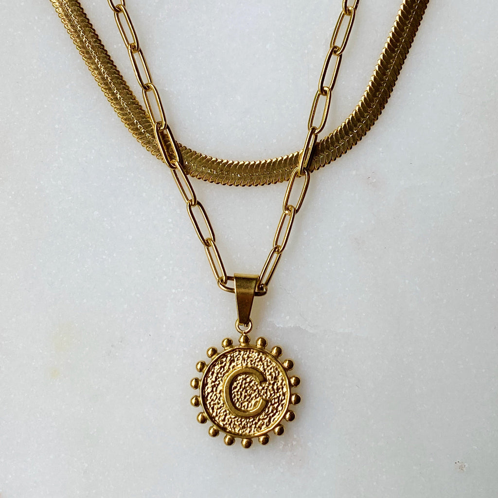 18K gold plated layered double chain necklace with reversible initial and heart charm — view 4