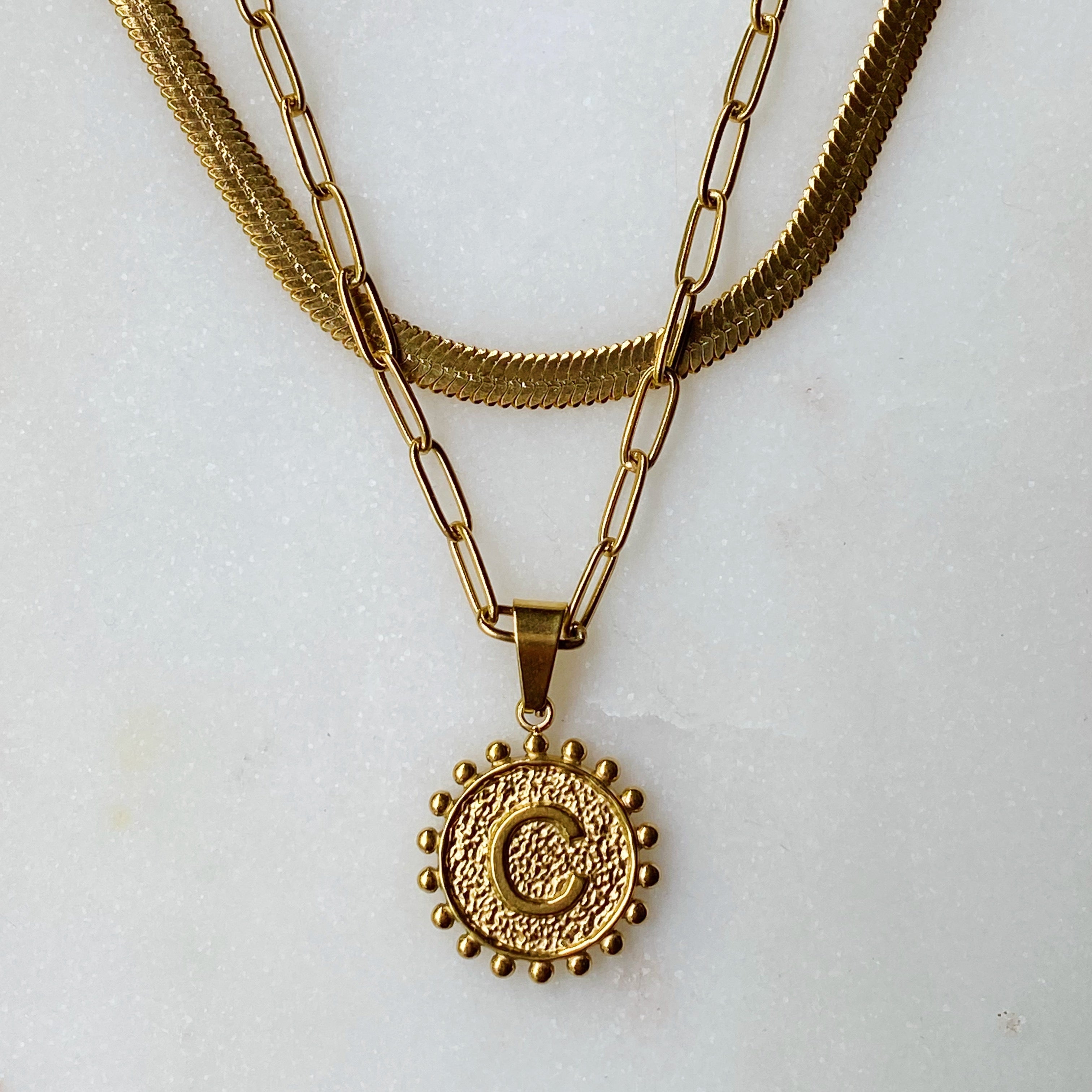 18K gold plated layered double chain necklace with reversible initial and heart charm — view 4