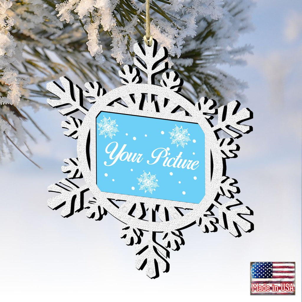 Handcrafted wooden snowflake picture frame ornament displaying a family photo for Christmas tree decor — view 2