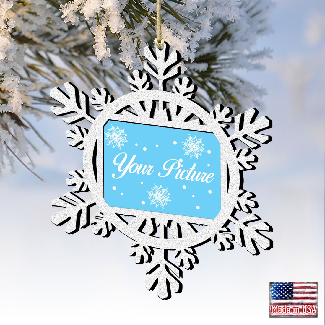 Handcrafted wooden snowflake picture frame ornament displaying a family photo for Christmas tree decor — view 2