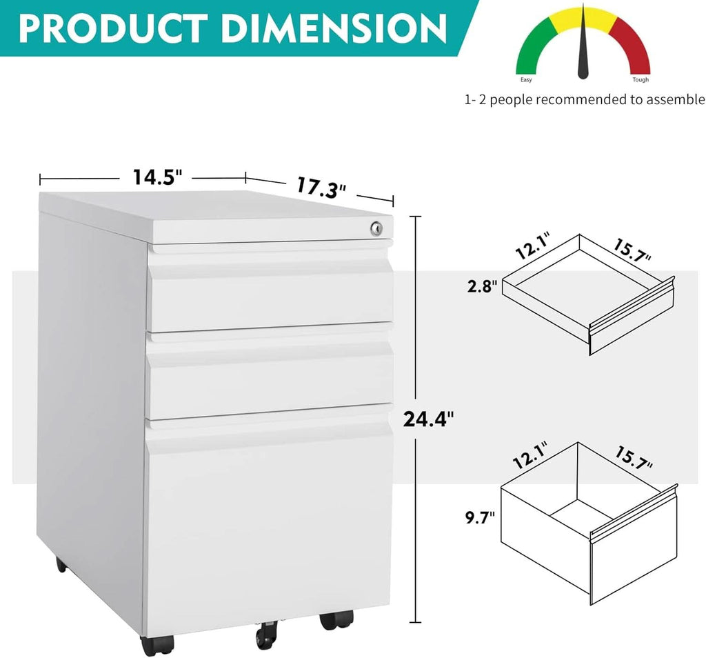 White 3-drawer mobile filing cabinet in solid steel with caster wheels — view 3