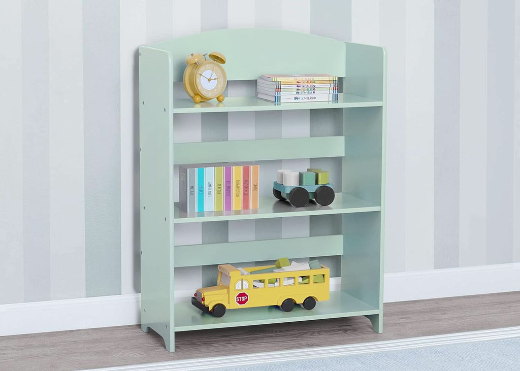 Mint green kids wooden bookshelf with three open tiers for playroom and nursery organization — view 2