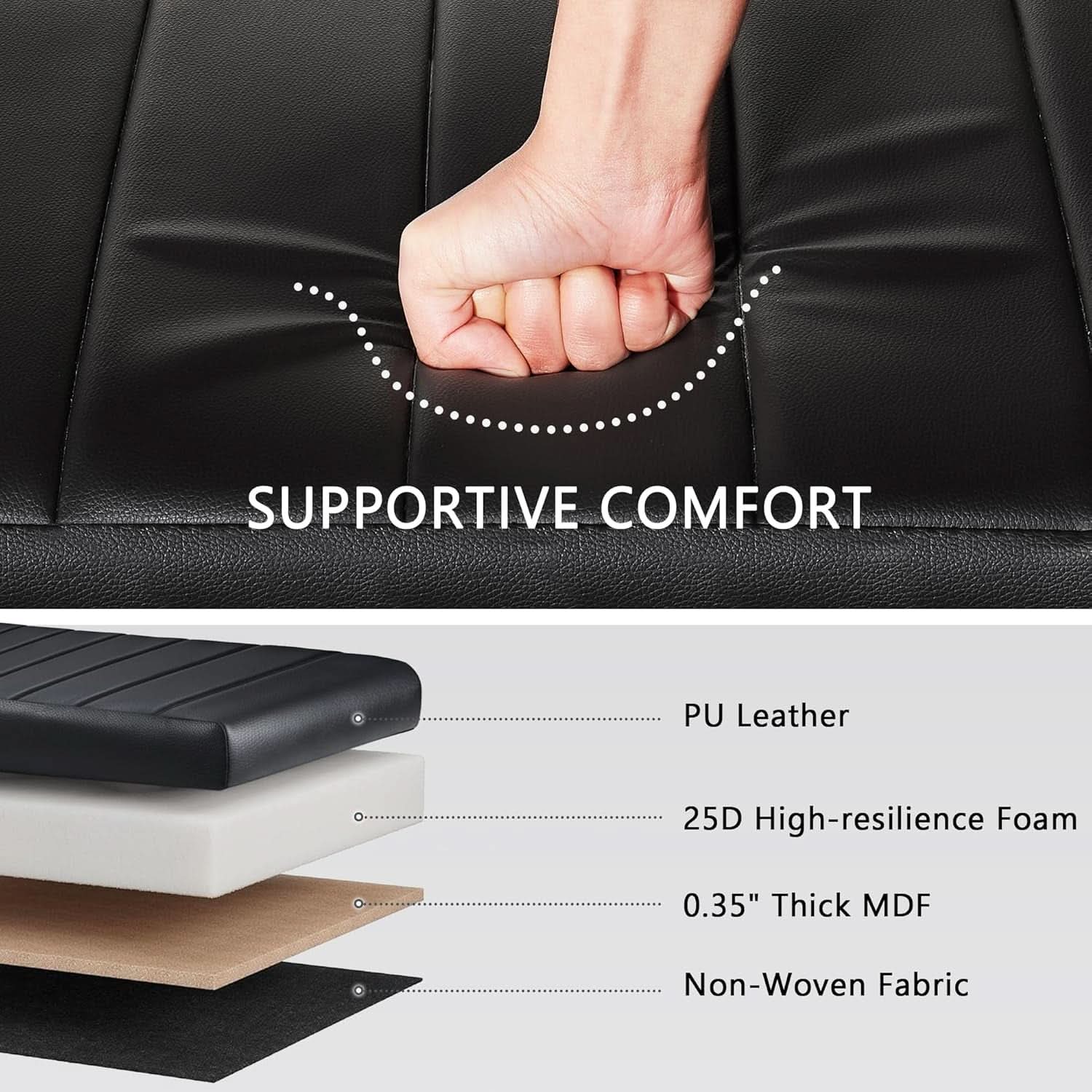 Black 44.5-inch PU leather storage ottoman with solid wood legs and open lid showing interior. — view 5