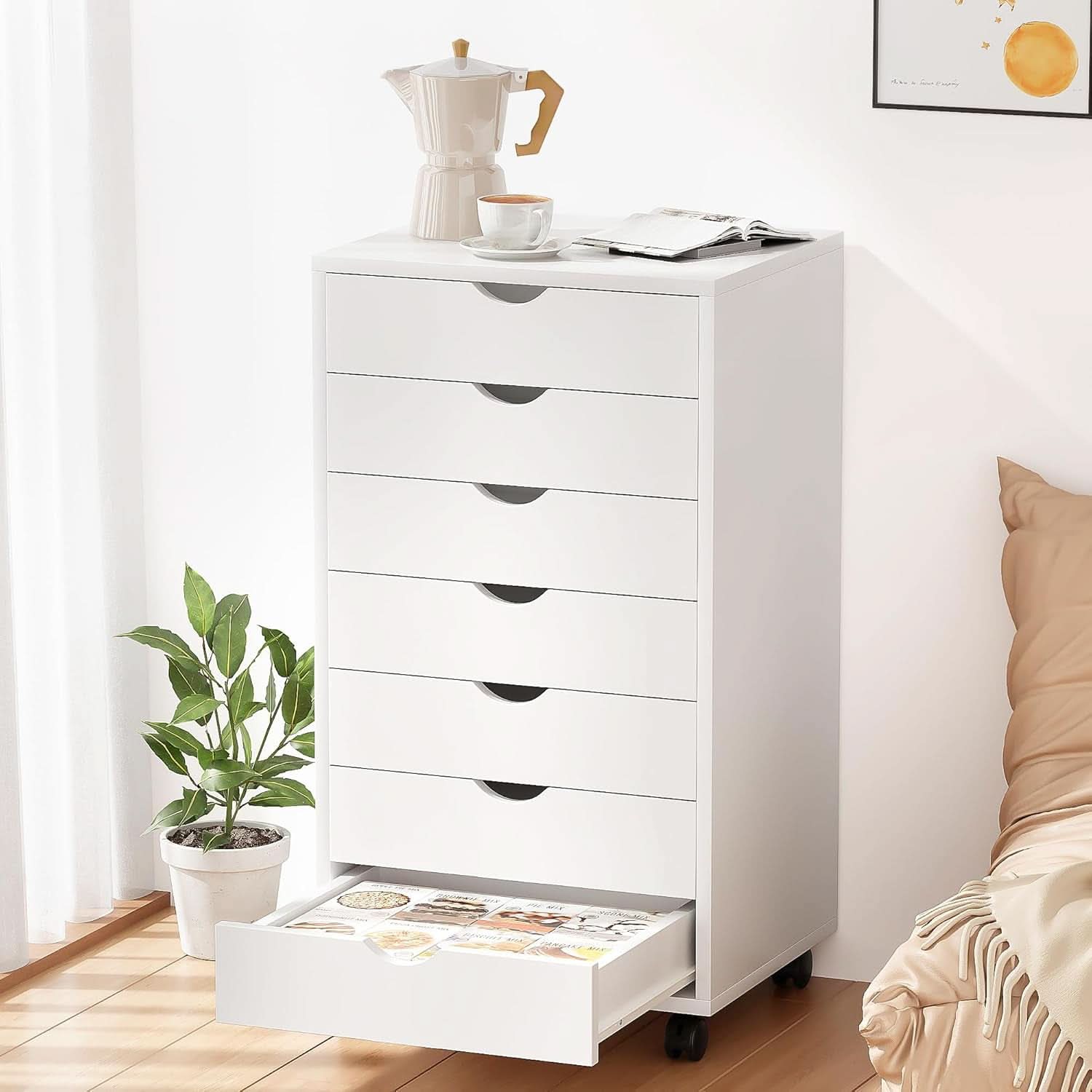 Heavy duty white seven drawer storage chest with lockable caster wheels and smooth modern minimalist design — view 3