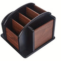 Wooden desktop organizer box with compartments for pens, remotes, and office desk accessories.