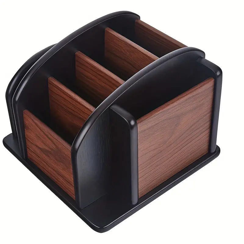 Wooden desktop organizer box with compartments for pens, remotes, and office desk accessories.