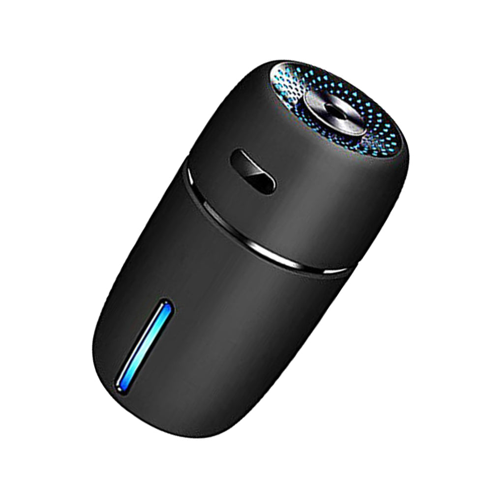 Black portable mini USB car humidifier mist sprayer with LED light and power cable — view 2