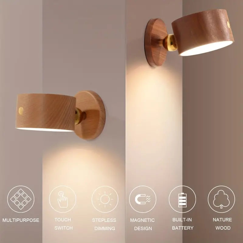 Wireless Sapele wood bedroom reading lamp with 360-degree rotating magnetic base and dimmable LED light — view 2