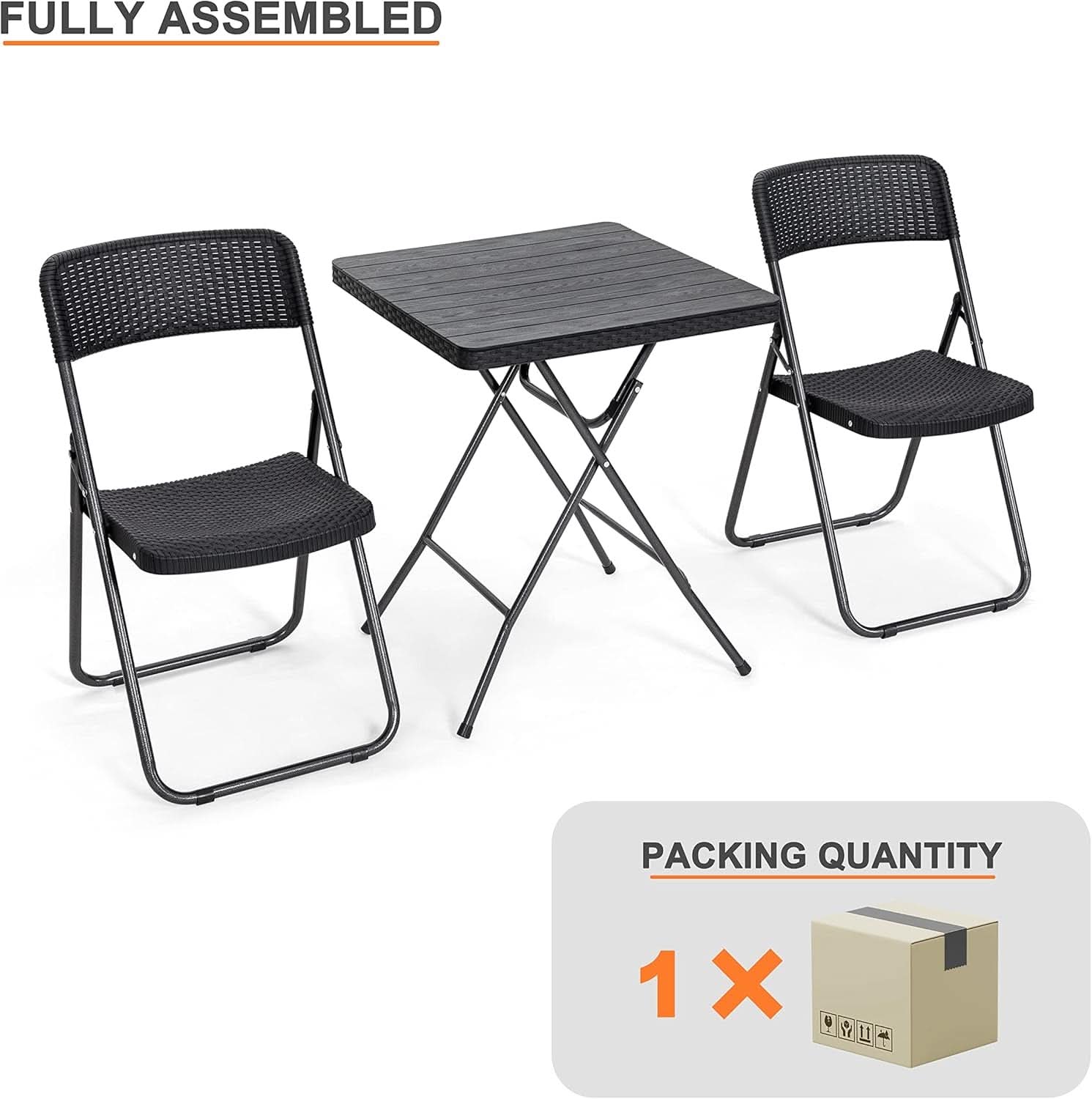 3-piece folding patio bistro set in black rattan, featuring two chairs and a wood-grain table. — view 5