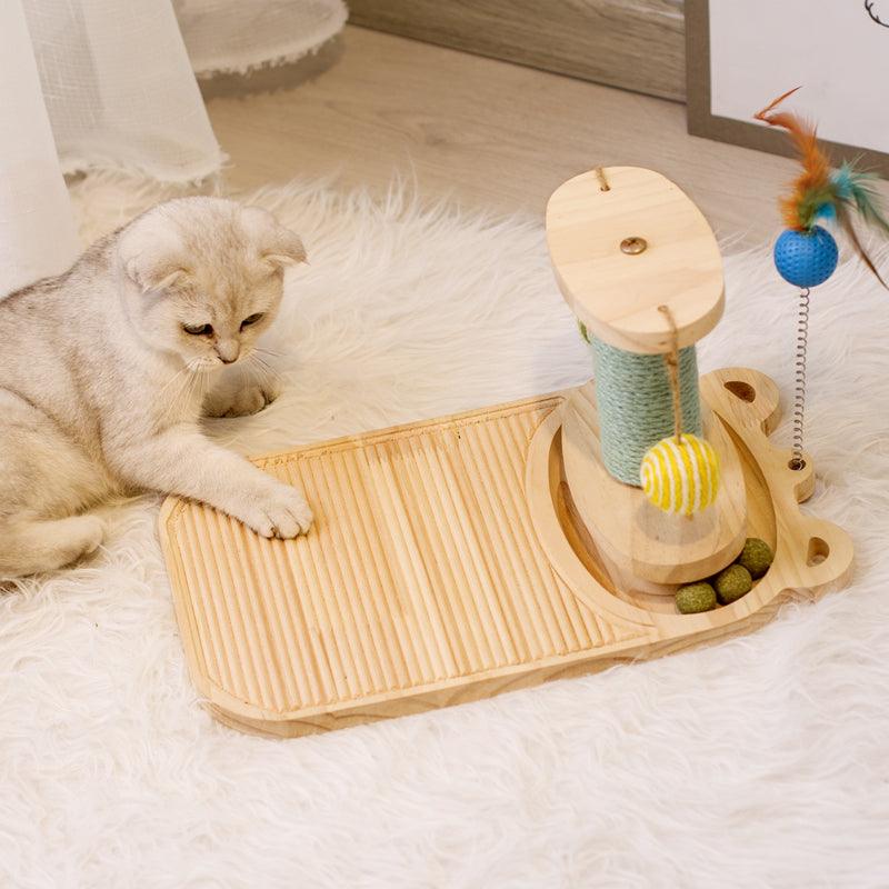 Interactive wooden cat scratcher maze toy with solid wood balls and turntable design