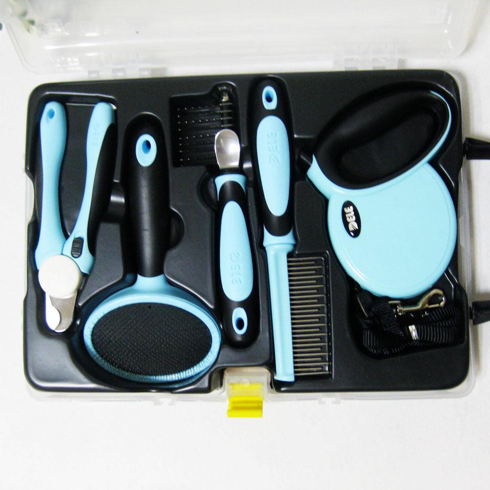 Dog grooming and walking kit with blue traction rope, nail clippers, stainless combs and storage box — view 4