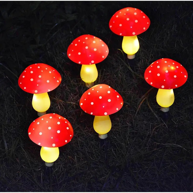 Set of 8 red solar mushroom garden lights with ground stakes for outdoor pathway decoration — view 5