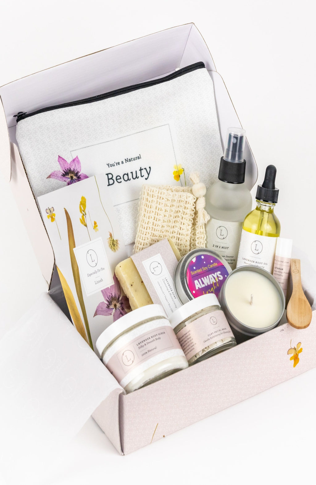 All natural lavender spa gift box with scrub soap oil mist candle and mask in premium packaging — view 2
