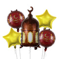 Five-piece Ramadan and Eid aluminum foil balloon set featuring moon, star, and lighthouse shapes.