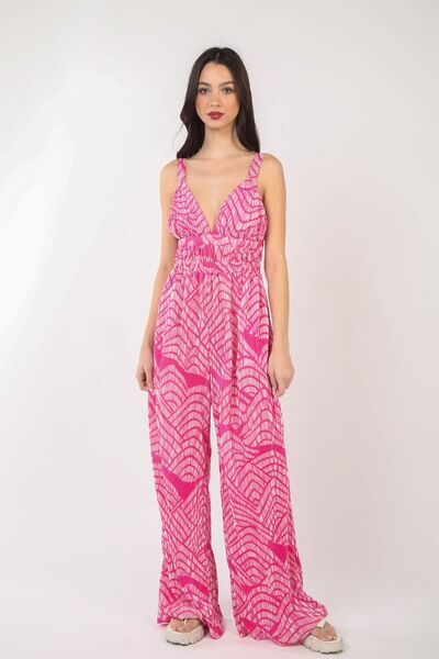 Women's printed pleated sleeveless wide leg jumpsuit in lightweight polyester with built-in side pockets — view 4