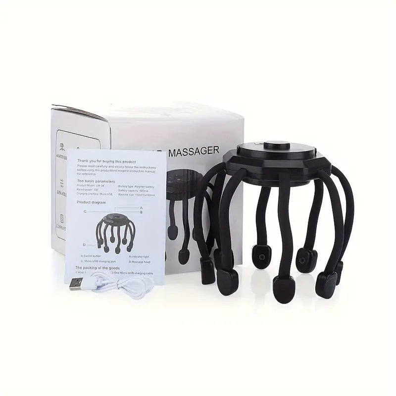 Black rechargeable 8-finger scalp massager with ergonomic handle and flexible massage nodes for tension relief — view 3