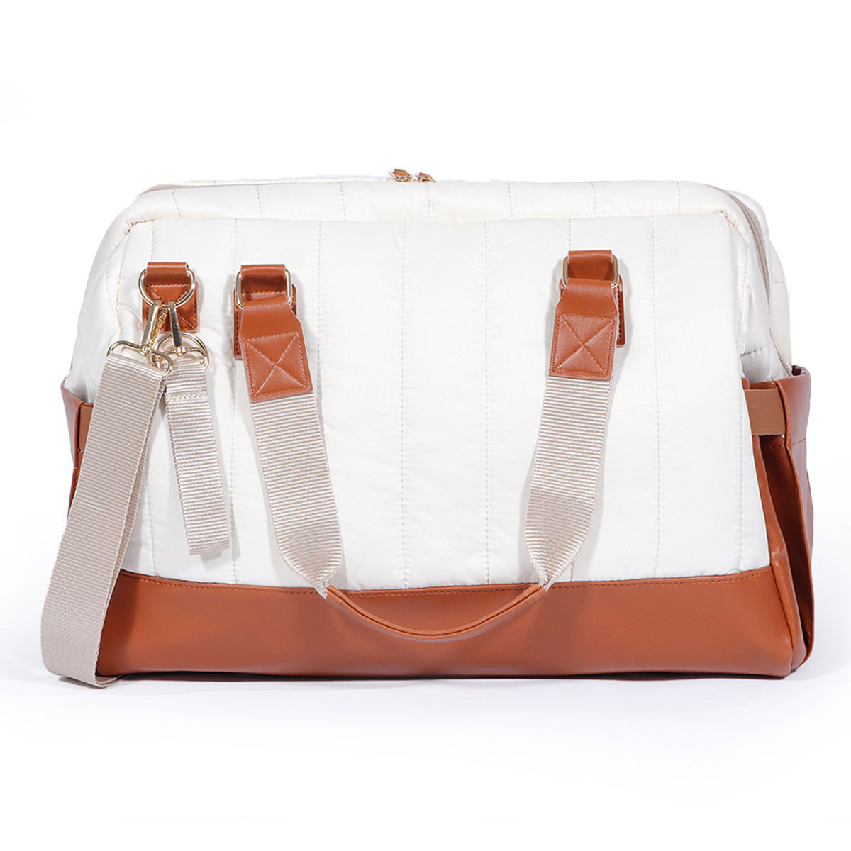 Milk&Moo quilted diaper bag in brown and beige with vegan leather handles and stroller straps — view 3